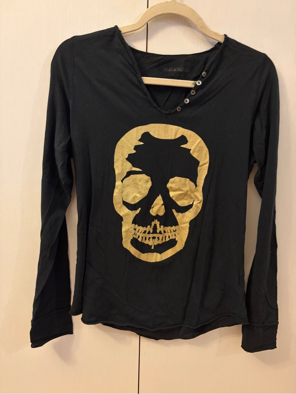 Zadig and Voltaire Black Long-Sleeve Henley Shirt with Gold Skull Graphic